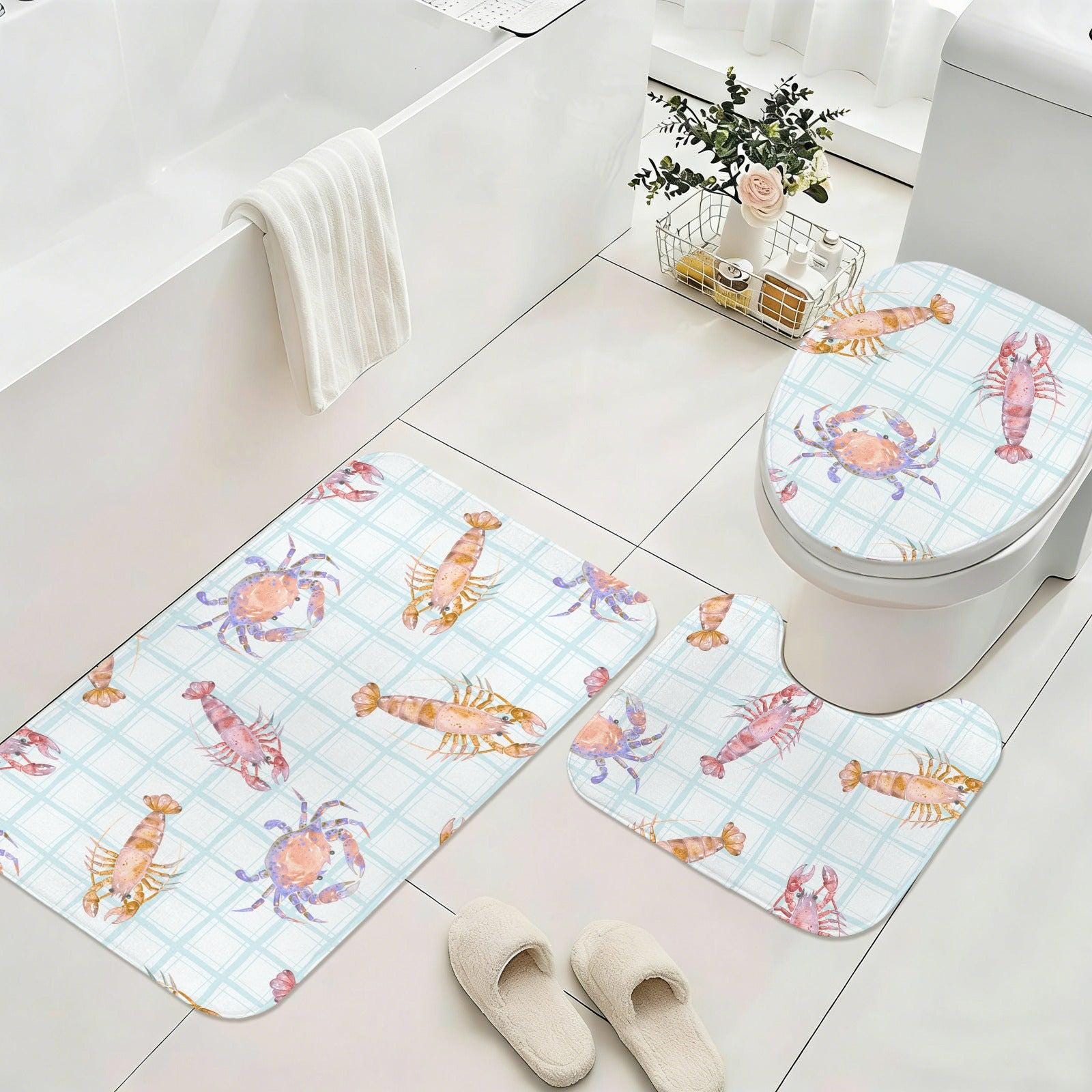Seafood Bathroom Rug Set, Lobster Crab Shrimp Bath Mat, Coastal Plaid Decor