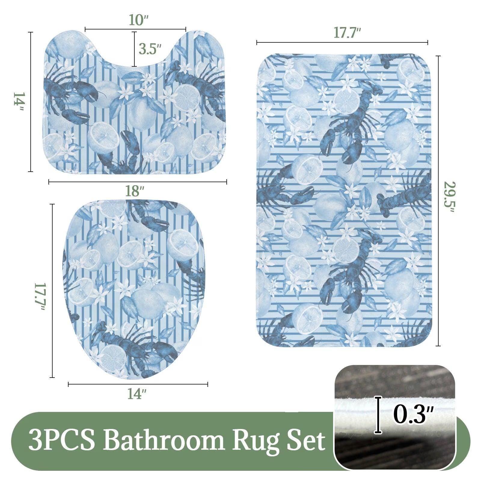 Blue Lobster Lemon Shower Curtain, Coastal Citrus Bathroom Decor, Amalfi Stripe Ocean Print