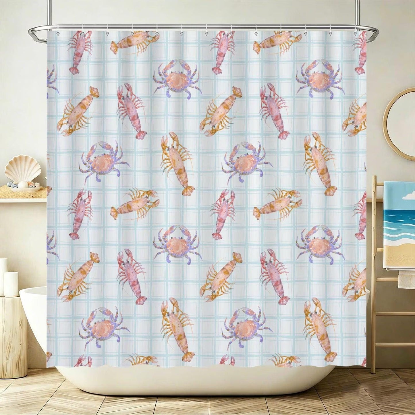 Seafood Bathroom Rug Set, Lobster Crab Shrimp Bath Mat, Coastal Plaid Decor