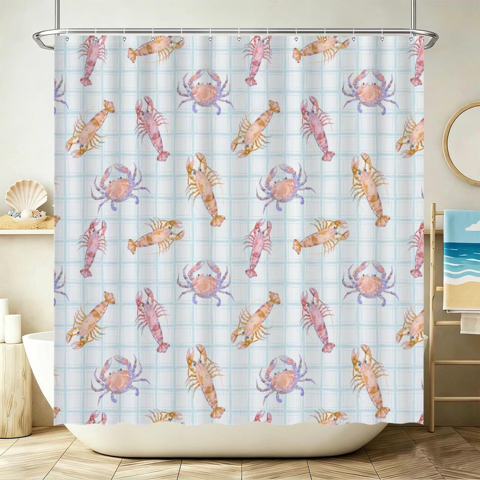 Seafood Bathroom Rug Set, Lobster Crab Shrimp Bath Mat, Coastal Plaid Decor