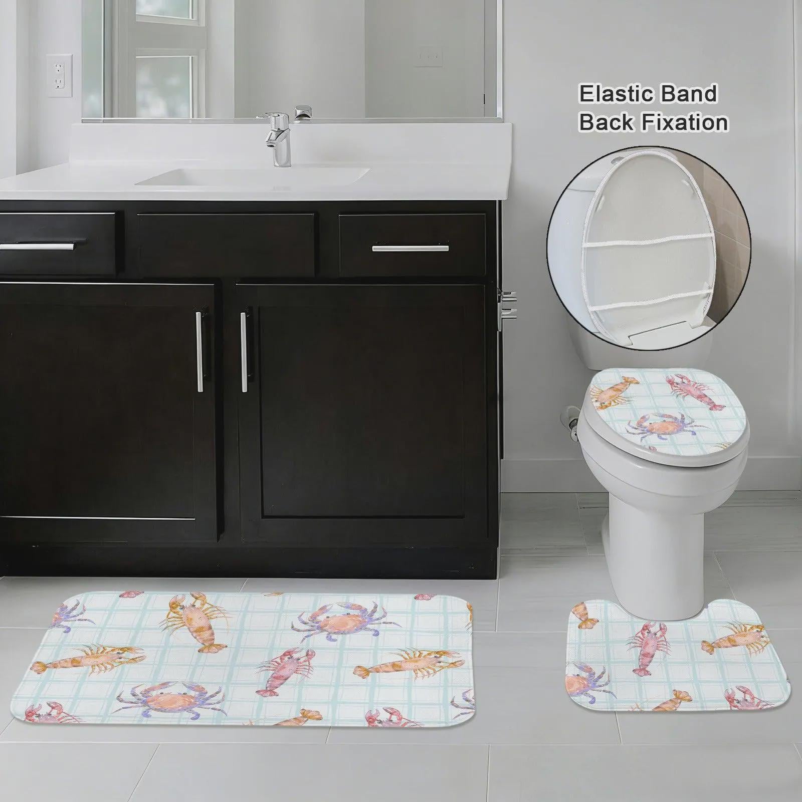Lobster Crab Shower Curtain, Watercolor Shellfish Bath Decor, Coastal Blue Plaid Bathroom Accent