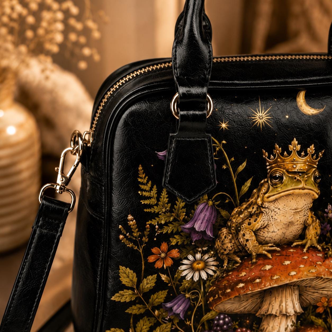 Fairycore Black Satchel Handbag, Crowned Frog Mushroom Forest Print, Witchy Woodland Crossbody Bag