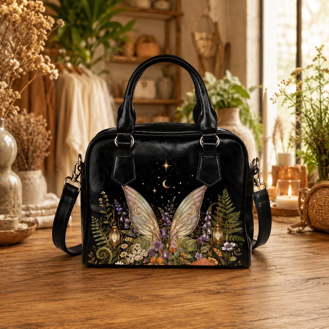 Fairycore Crossbody Bag, Moon Fairy Wings, Fern Garden Print Handbag, Vegan Leather Shoulder Purse