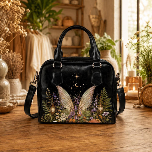 Fairycore Crossbody Bag, Moon Fairy Wings, Fern Garden Print Handbag, Vegan Leather Shoulder Purse