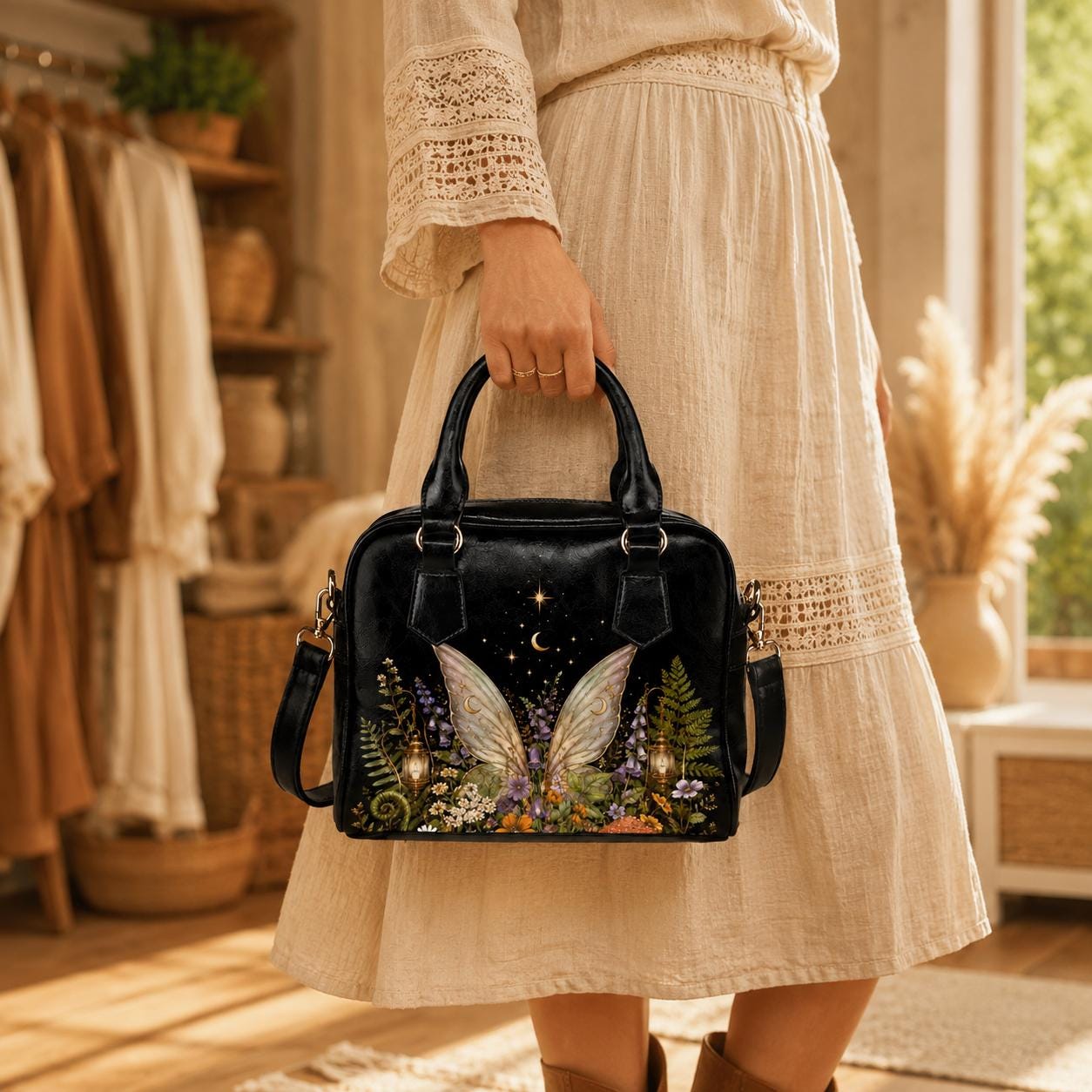 Fairycore Crossbody Bag, Moon Fairy Wings, Fern Garden Print Handbag, Vegan Leather Shoulder Purse