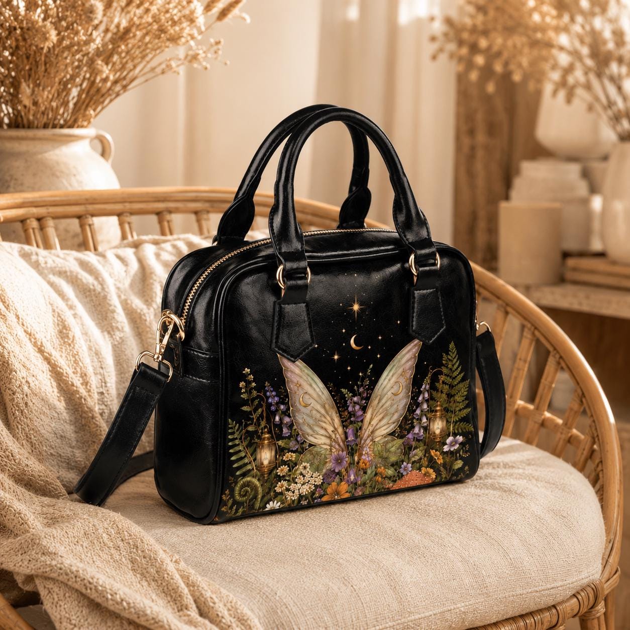 Fairycore Crossbody Bag, Moon Fairy Wings, Fern Garden Print Handbag, Vegan Leather Shoulder Purse