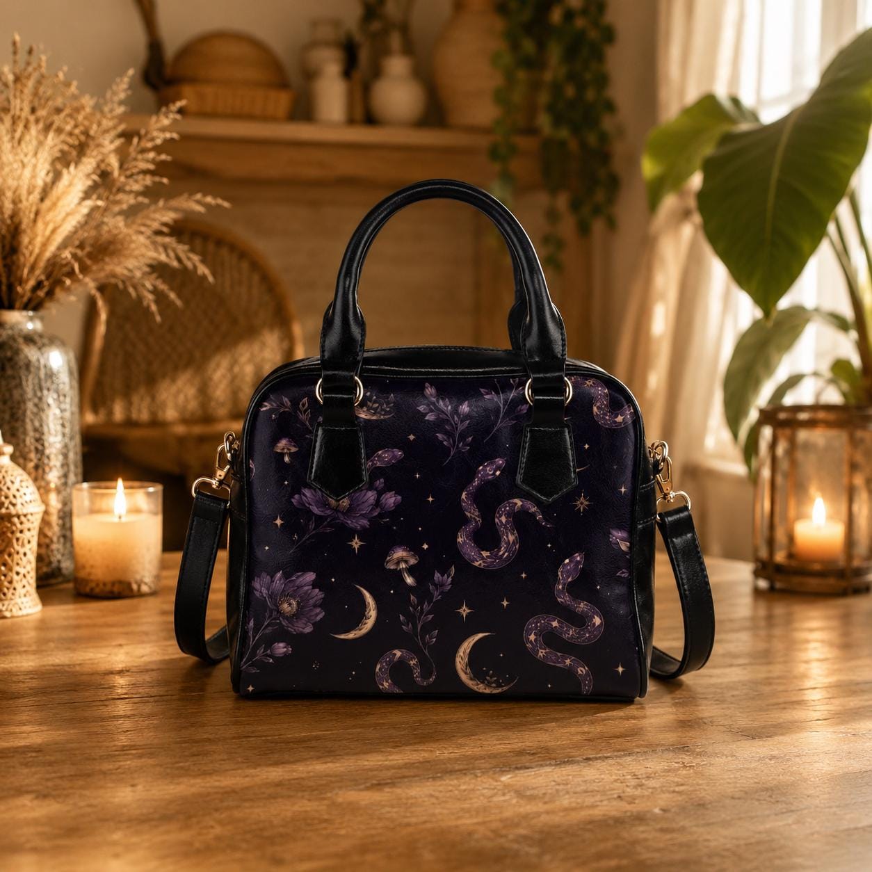 Celestial Snake Handbag, Witchy Moon Zip Top Purse, Purple Floral Serpent Print Satchel