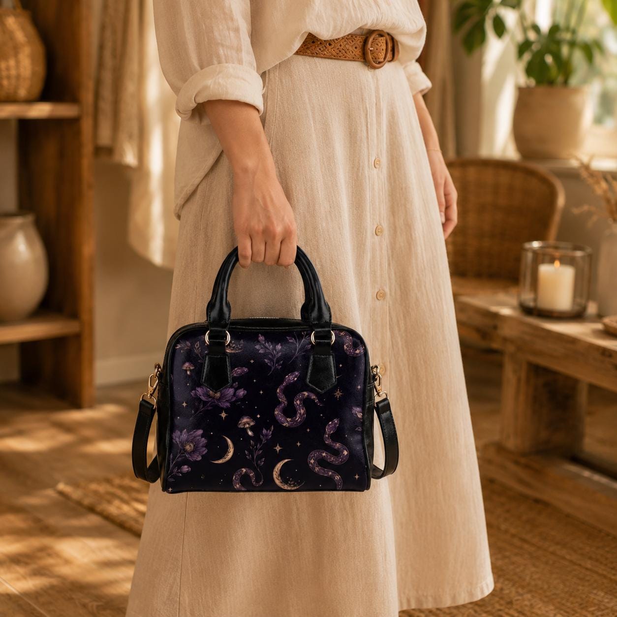 Celestial Snake Handbag, Witchy Moon Zip Top Purse, Purple Floral Serpent Print Satchel