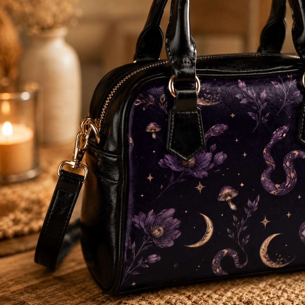 Celestial Snake Handbag, Witchy Moon Zip Top Purse, Purple Floral Serpent Print Satchel