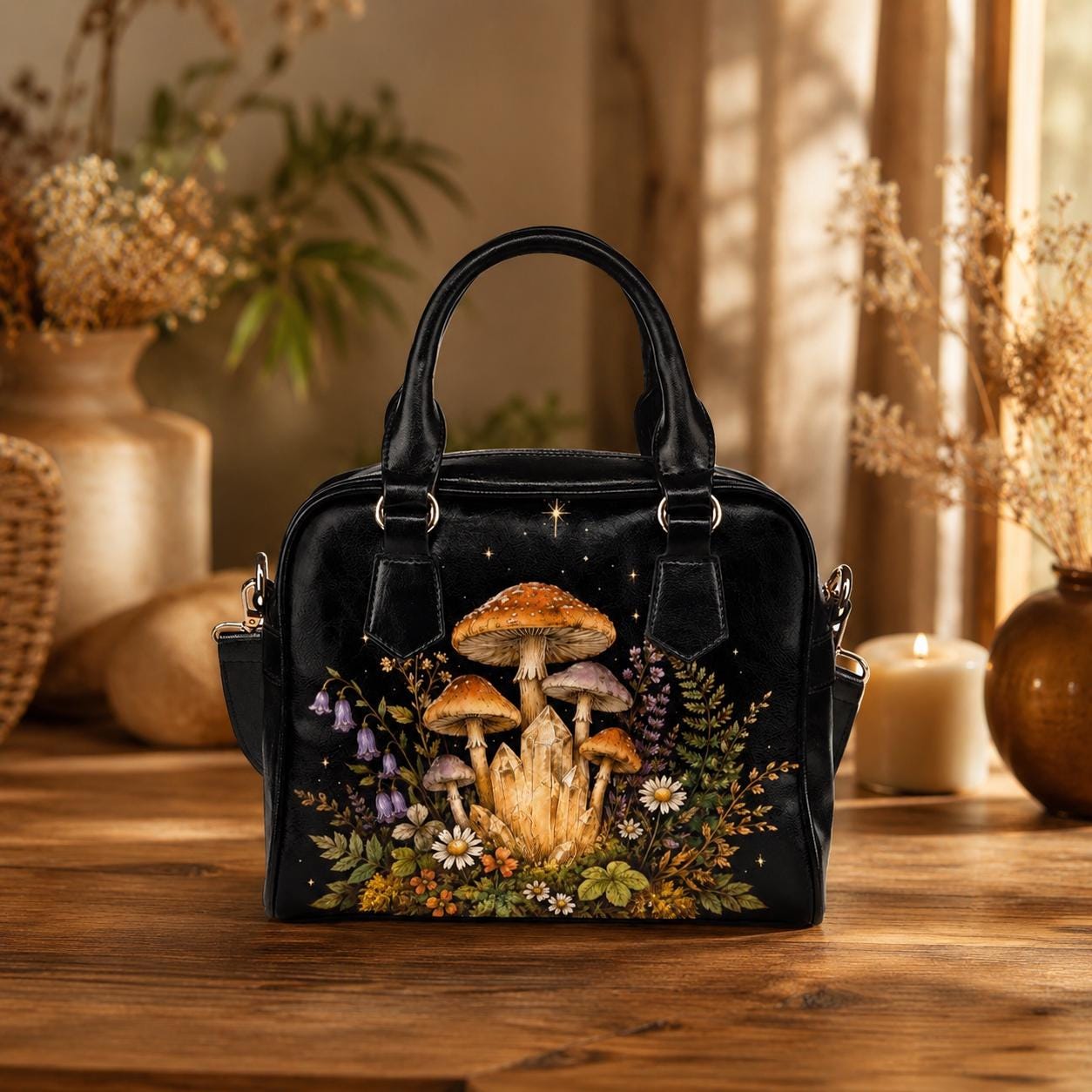 Fairycore Mushroom Crystal Handbag, Woodland Wildflower Faux Leather Shoulder Bag