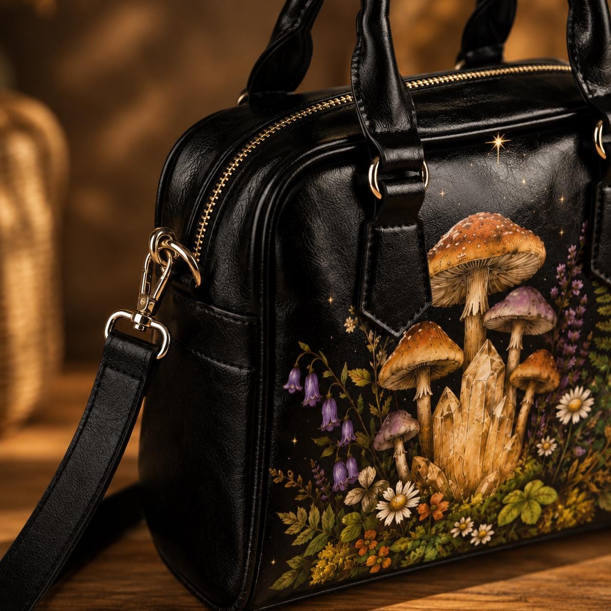 Fairycore Mushroom Crystal Handbag, Woodland Wildflower Faux Leather Shoulder Bag