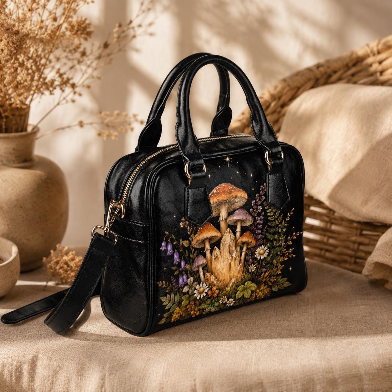 Fairycore Mushroom Crystal Handbag, Woodland Wildflower Faux Leather Shoulder Bag