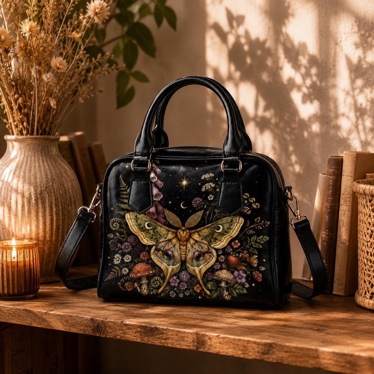 Luna Moth Satchel Handbag, Botanical Fairycore Wildflower Garden Print Purse