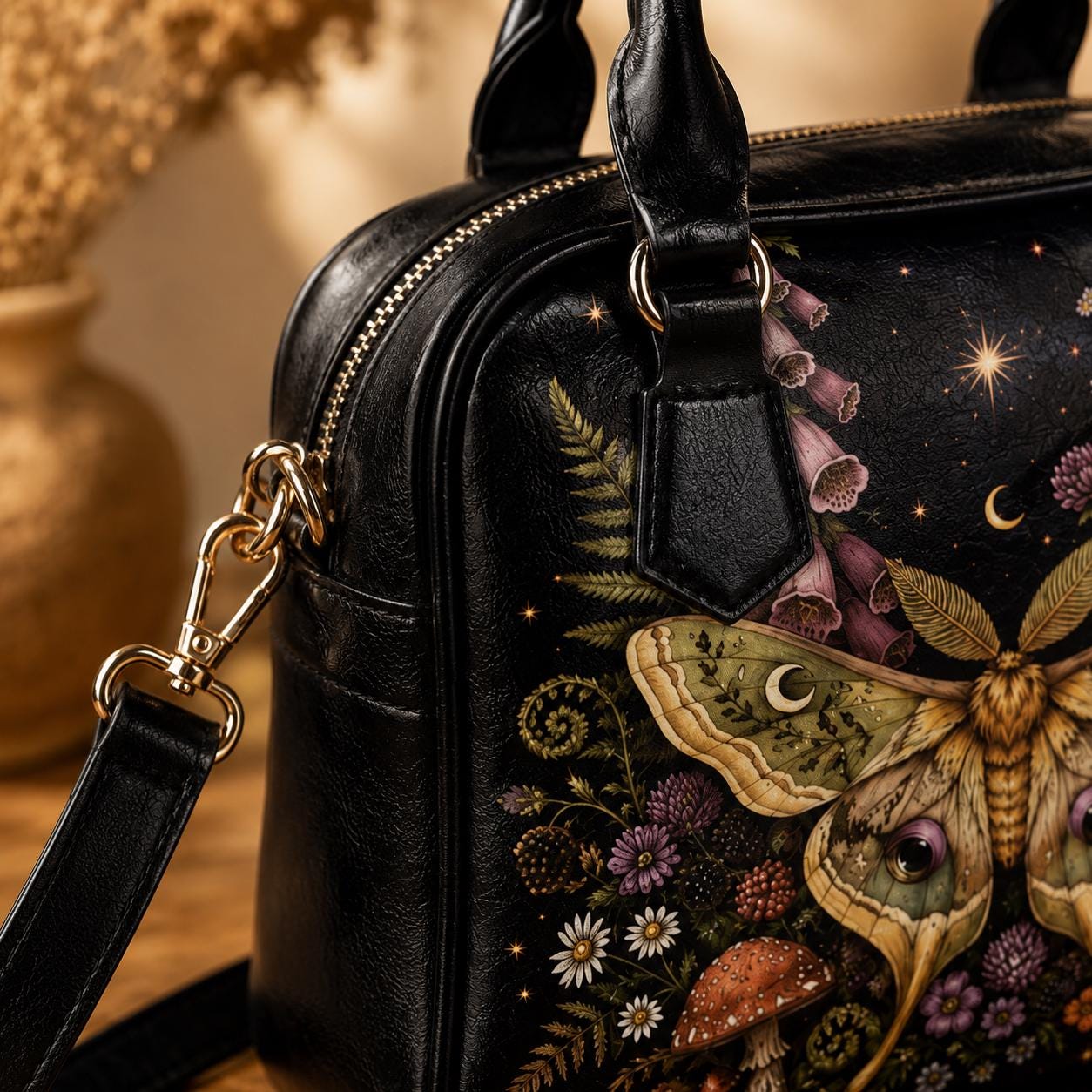 Luna Moth Satchel Handbag, Botanical Fairycore Wildflower Garden Print Purse