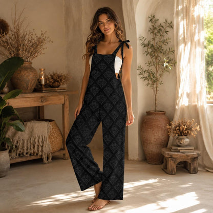 Gothic Wide Leg Jumpsuit, Black Damask Tie Strap Overalls, Dark Academia Outfit