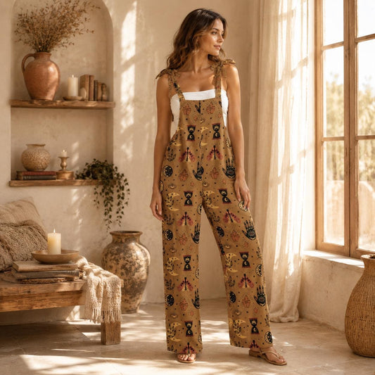 Tarot Print Jumpsuit, Celestial Wide Leg Overalls, Boho Witchy Romper