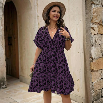 Purple Gothic Dress with Black Damask Print, Dark Academia Babydoll Mini, Romantic V Neck Fall Outfit