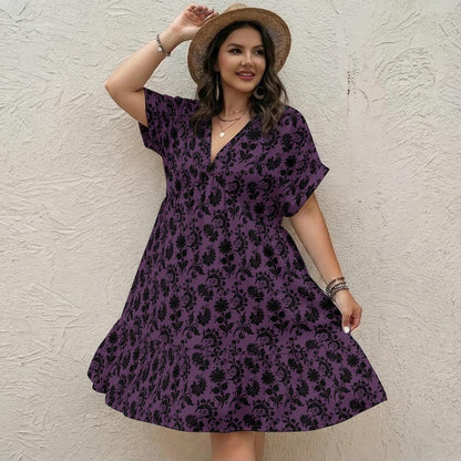 Purple Gothic Dress with Black Damask Print, Dark Academia Babydoll Mini, Romantic V Neck Fall Outfit