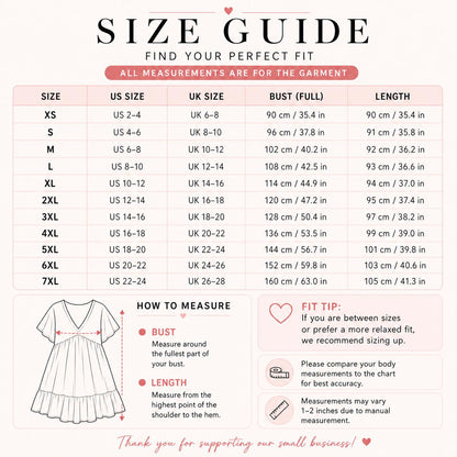 The image is a size guide that provides measurements and fit tips for various sizes of dresses. It includes a chart with measurements for bust, length, and other sizes, along with recommendations for the best fit based on the user's bust and length measurements. The guide also provides a fit tip for those who are between sizes or prefer a more relaxed fit. The image is a single, unbroken scene, and there are no additional images or text that can be described in more detail.