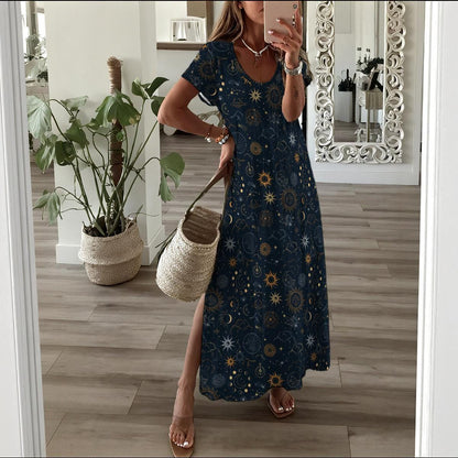 Celestial Sun Moon Maxi Dress, Navy Boho Lounge Outfit, Astrology Star Print