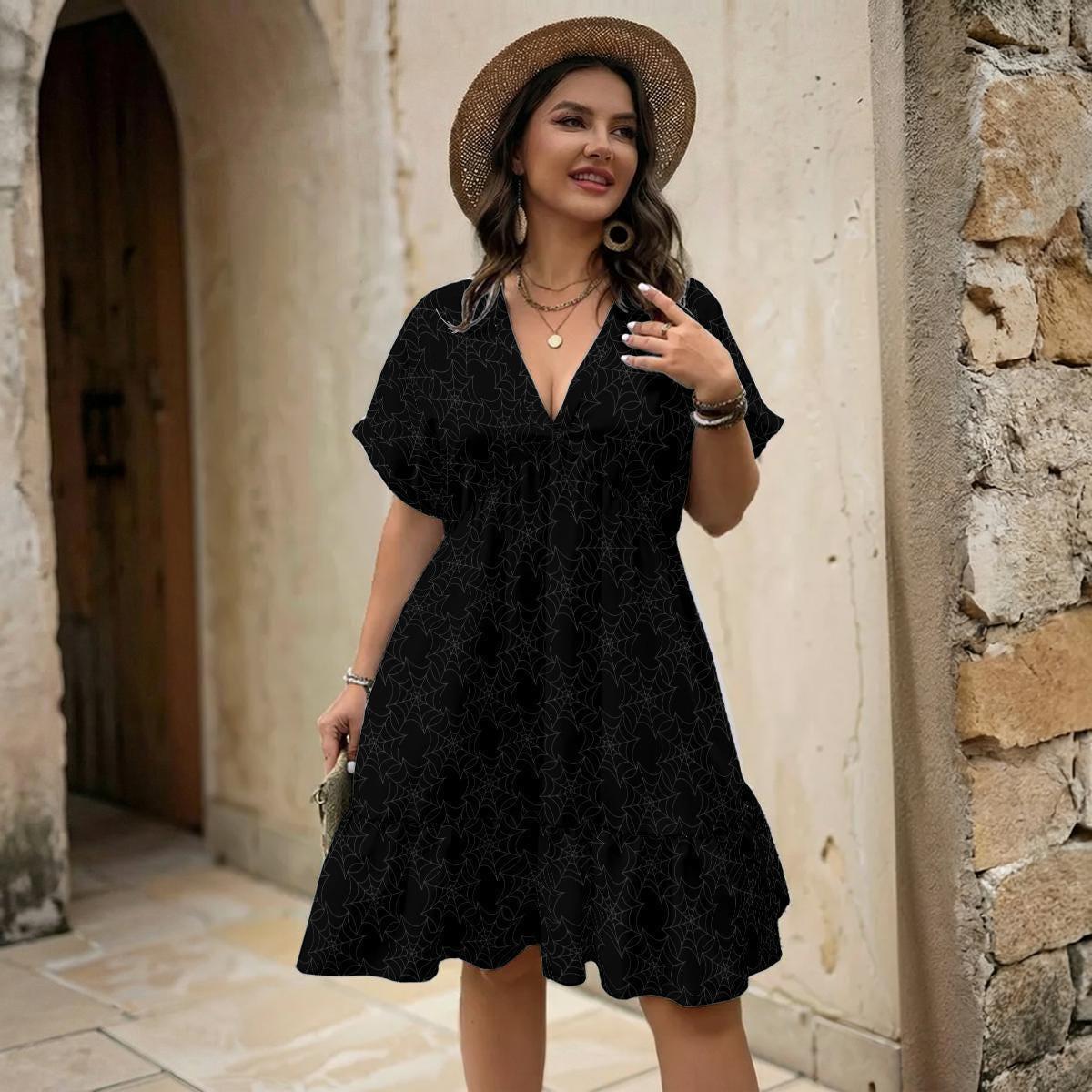 Black Spider Web Babydoll Dress, Gothic V-Neck Mini, Witchy Fall Outfit