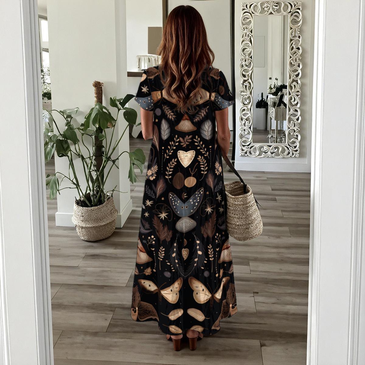 Dark Boho Moth Print Maxi Dress, Woodland Butterfly Slit Summer Outfit, Festival & Garden Wear