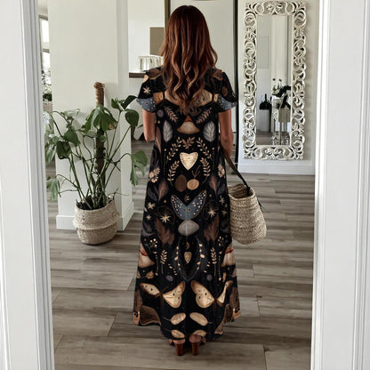 Dark Boho Moth Print Maxi Dress, Woodland Butterfly Slit Summer Outfit, Festival & Garden Wear