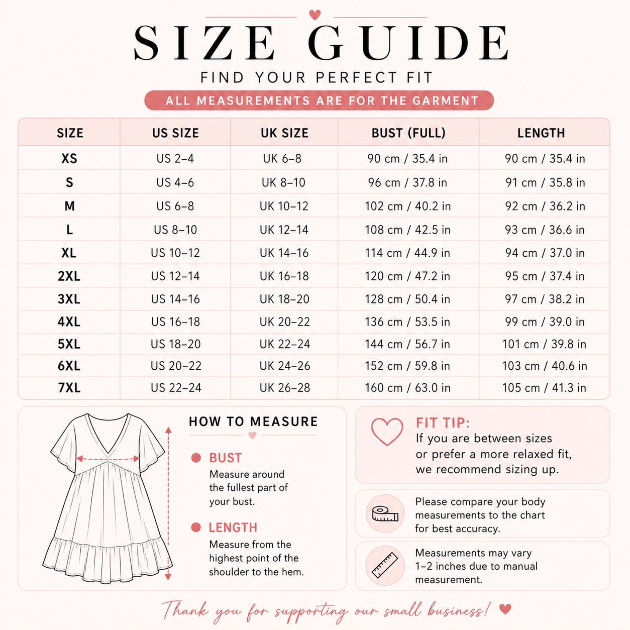 The image is a size guide that provides measurements and fit tips for various sizes of dresses. It includes a chart with measurements for bust, length, and other sizes, along with recommendations for the best fit based on the user's bust and length measurements. The guide also provides a fit tip for those who are between sizes or prefer a more relaxed fit. The image is a single, unbroken scene, and there are no additional images or text that can be described in more detail.