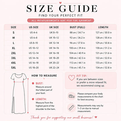 The image is a size guide that provides measurements for different sizes of dresses, including US and UK sizes, bust, and length. It also includes a how-to-measure section with tips for finding the perfect fit.