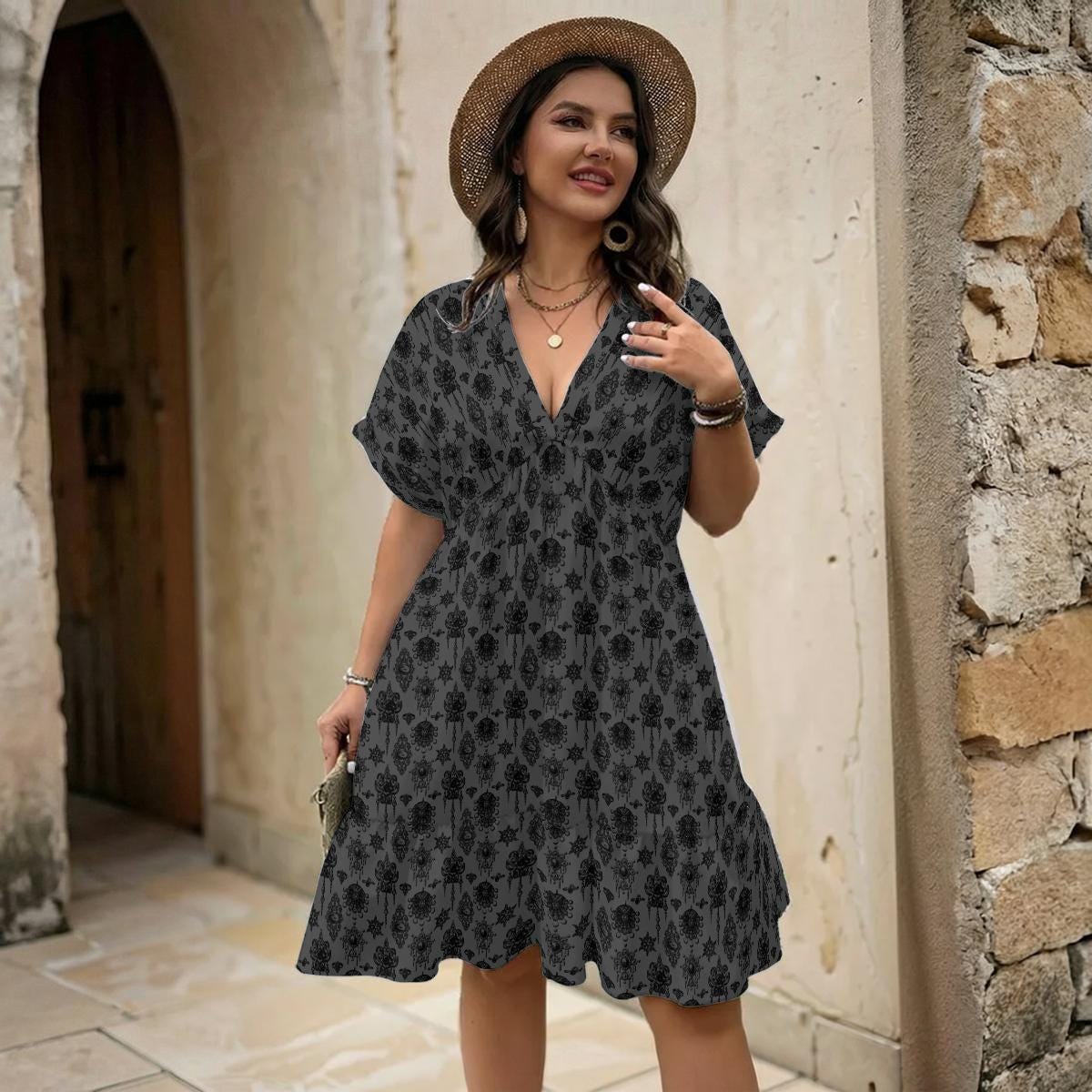 Antique Key Print Dress, Dark Academia Mini Dress, Charcoal Gothic Babydoll, Vintage Inspired V Neck Outfit, Moody Bookish Style