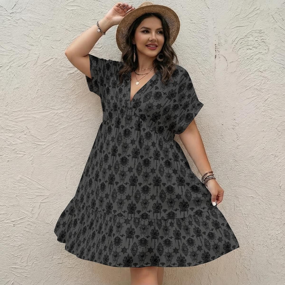Antique Key Print Dress, Dark Academia Mini Dress, Charcoal Gothic Babydoll, Vintage Inspired V Neck Outfit, Moody Bookish Style