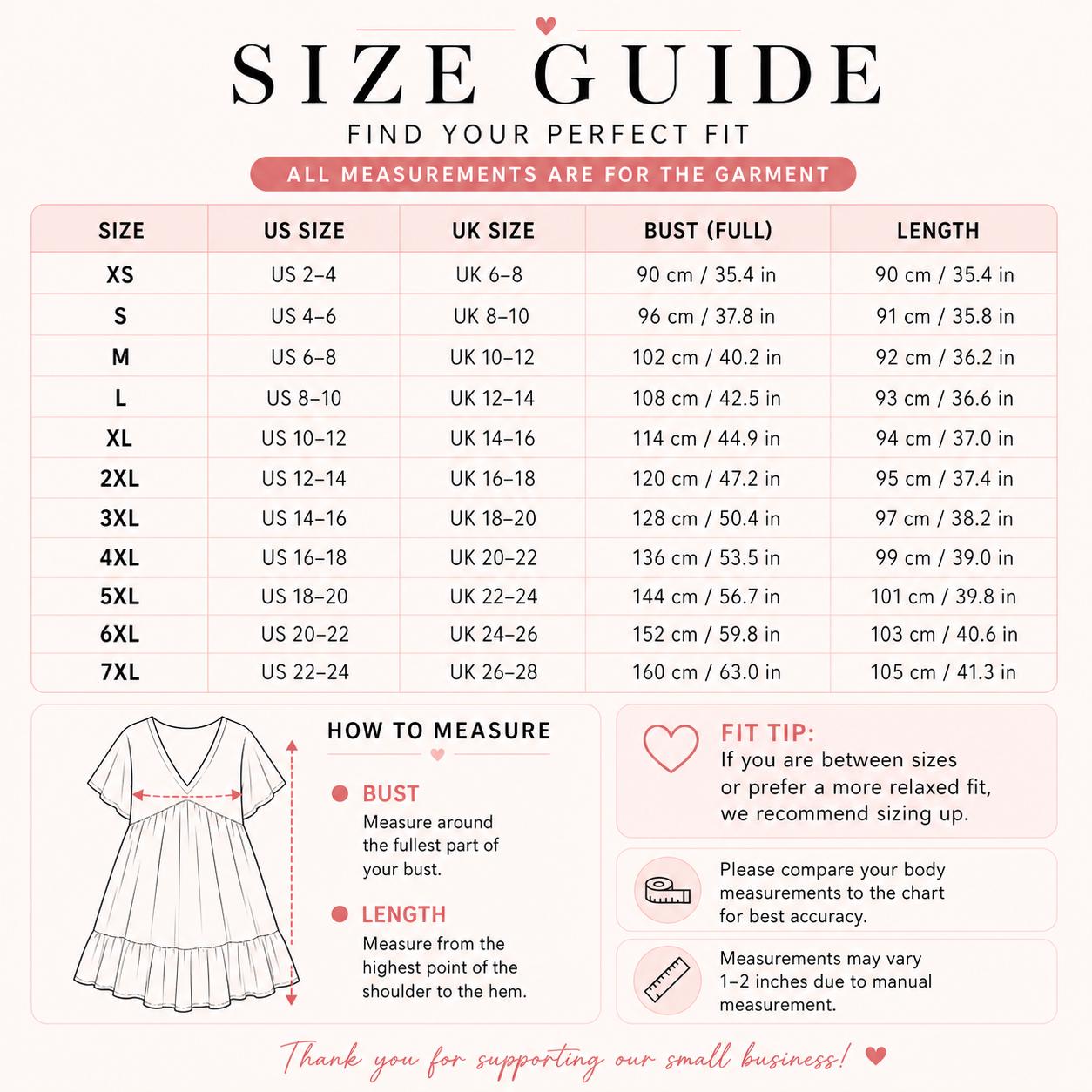 The image is a size guide that provides measurements and fit tips for various sizes of dresses. It includes a chart with measurements for bust, length, and other sizes, along with recommendations for the best fit based on the user's bust and length measurements. The guide also provides a fit tip for those who are between sizes or prefer a more relaxed fit. The image is a single, unbroken scene, and there are no additional images or text that can be described in more detail.