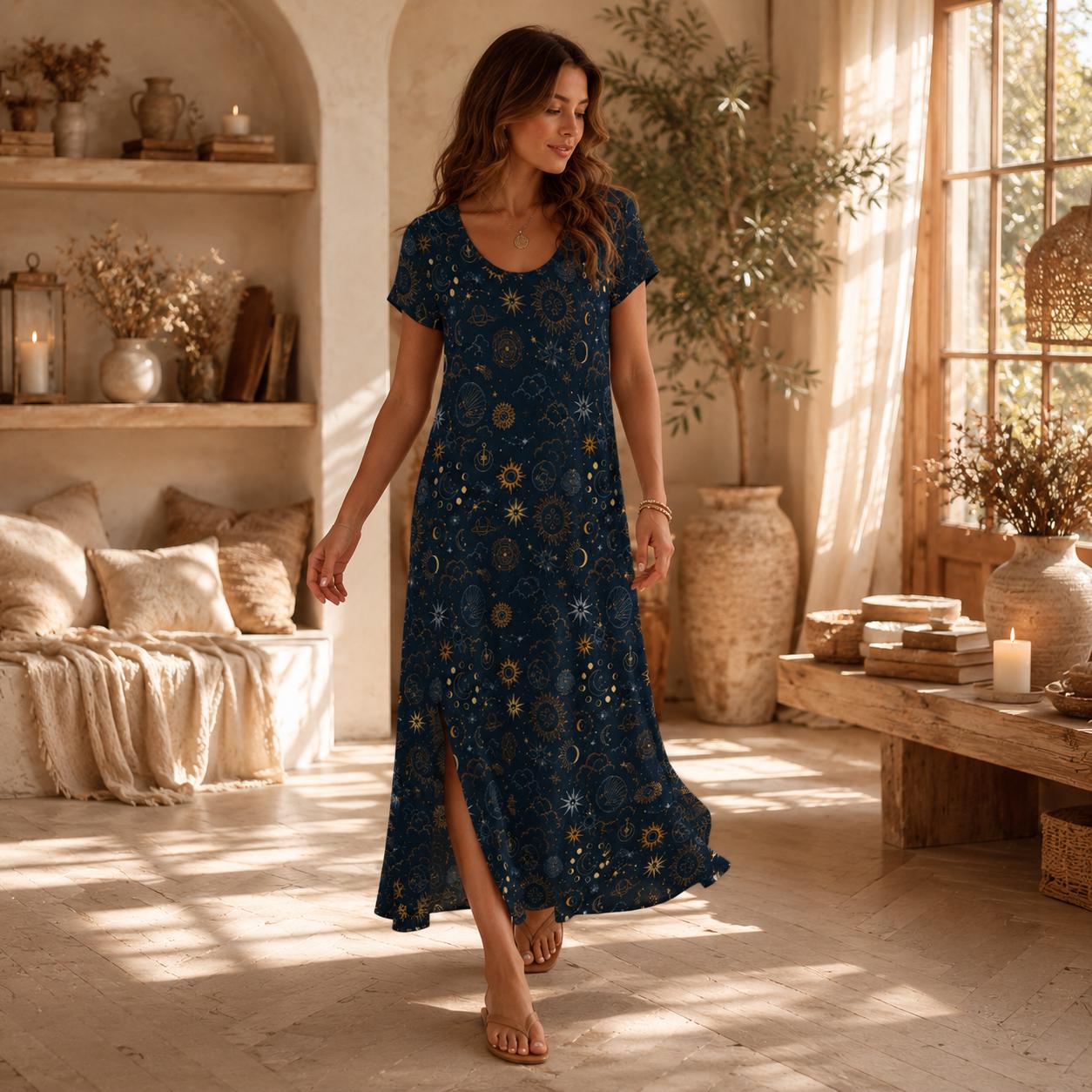 Celestial Sun Moon Maxi Dress, Navy Boho Lounge Outfit, Astrology Star Print