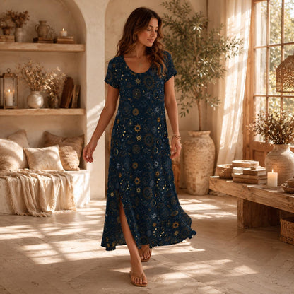 Celestial Sun Moon Maxi Dress, Navy Boho Lounge Outfit, Astrology Star Print