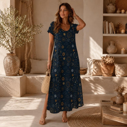 Celestial Sun Moon Maxi Dress, Navy Boho Lounge Outfit, Astrology Star Print