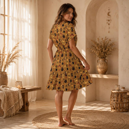 Mustard Mystic Symbol Mini Dress, Moon Phase Hand Print Babydoll Outfit