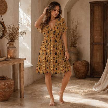 Mustard Mystic Symbol Mini Dress, Moon Phase Hand Print Babydoll Outfit