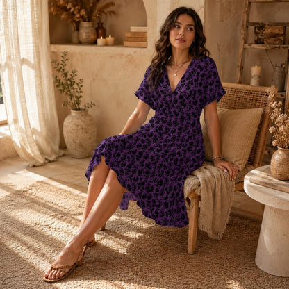 Purple Gothic Dress with Black Damask Print, Dark Academia Babydoll Mini, Romantic V Neck Fall Outfit