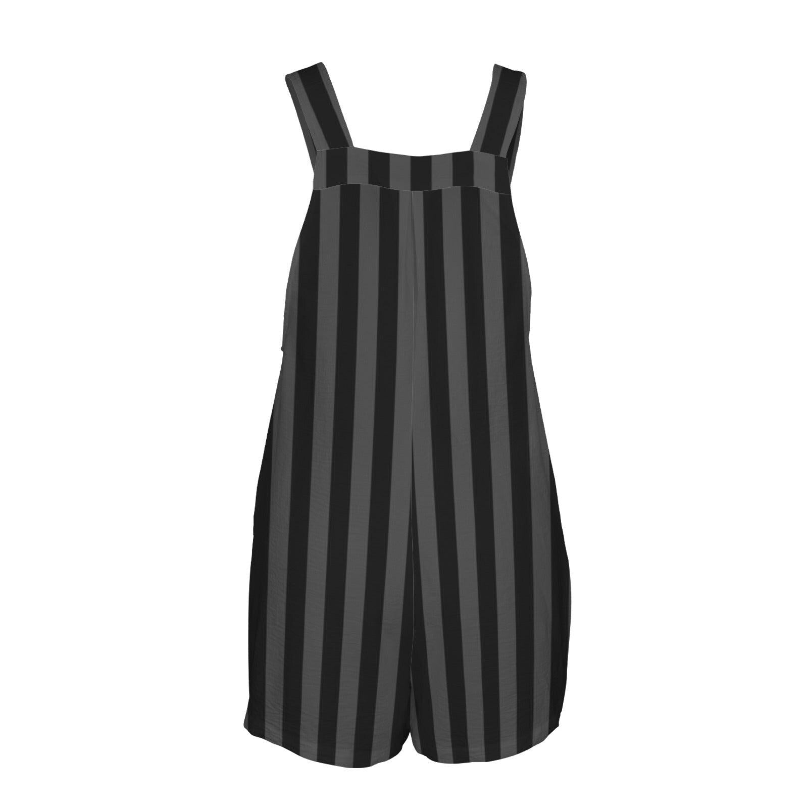 Striped Short Overalls, Black Grey Sleeveless Bib Playsuit, Women's Summer Romper