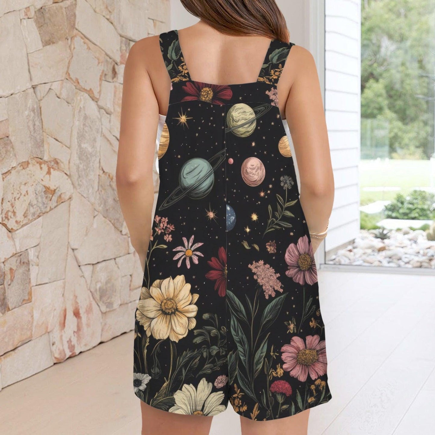 Celestial Floral Shortalls, Cosmic Planet Print Romper, Cottagecore Summer Style