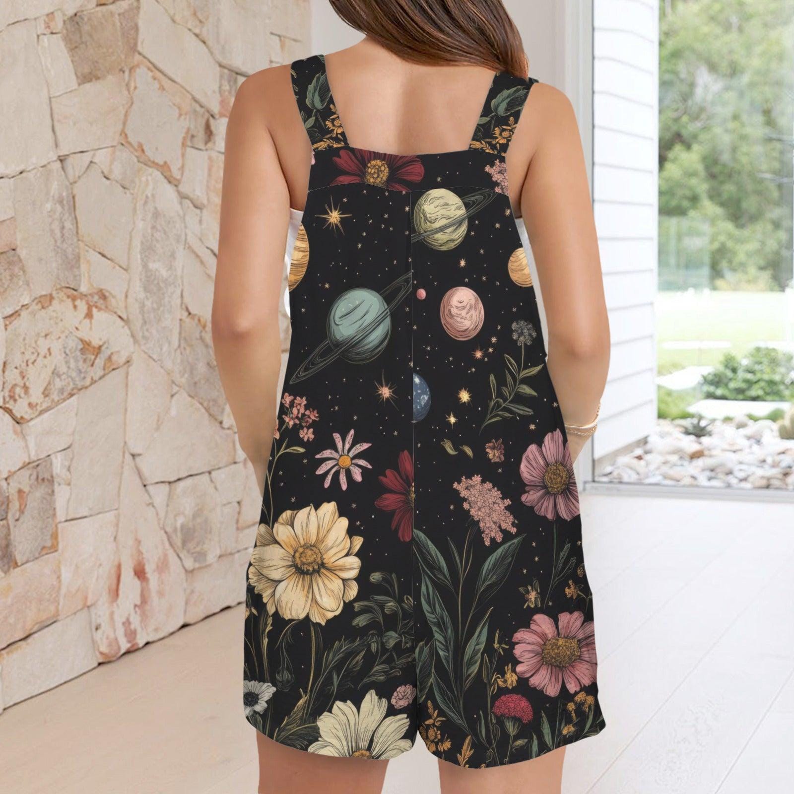 Celestial Floral Shortalls, Cosmic Planet Print Romper, Cottagecore Summer Style