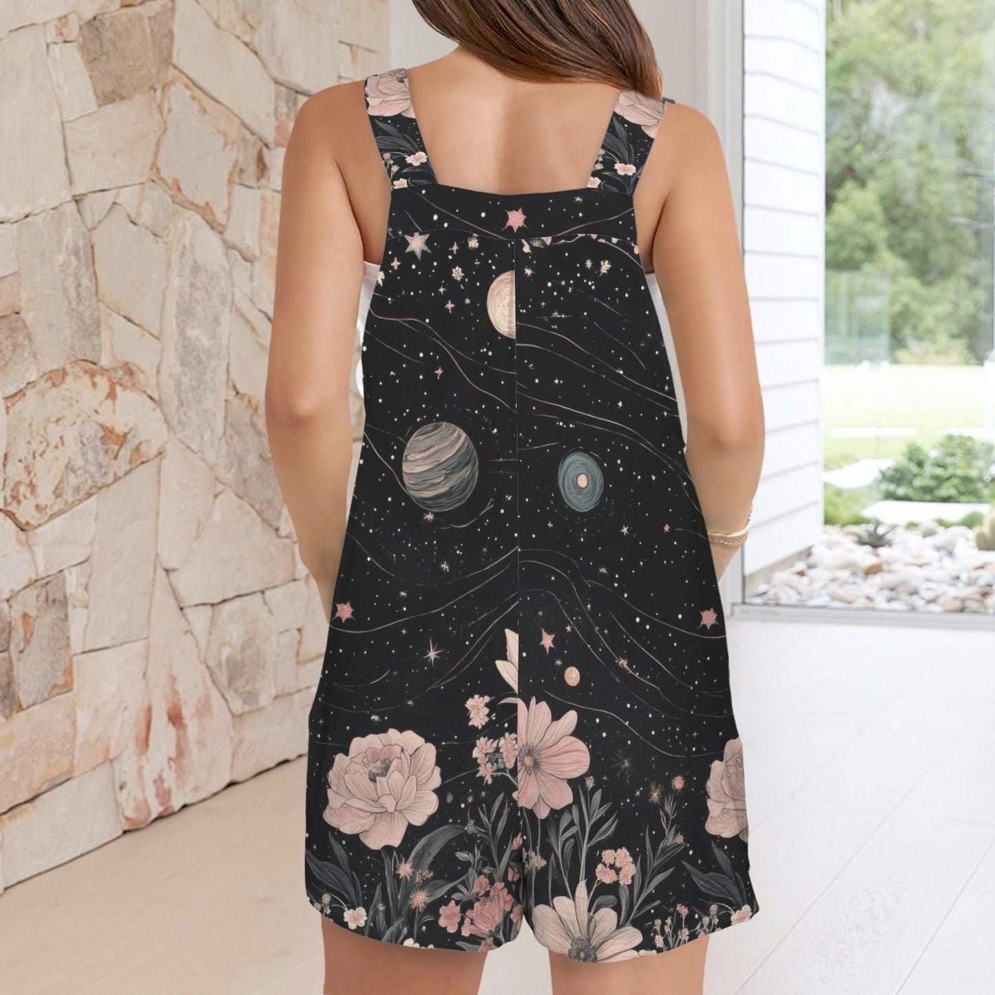 Cosmic Floral Romper Shorts, Planet Solar System Print Overalls
