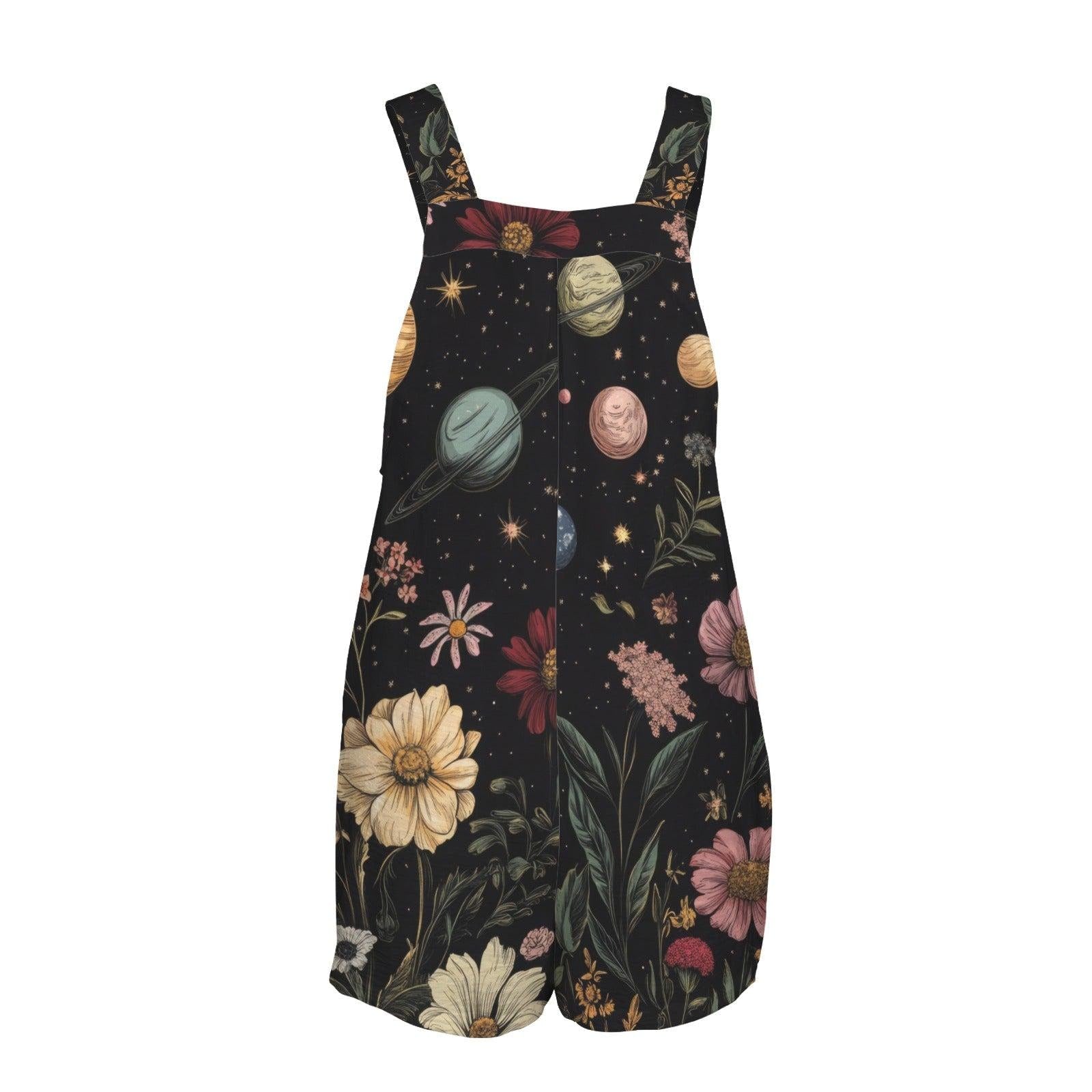 Celestial Floral Shortalls, Cosmic Planet Print Romper, Cottagecore Summer Style