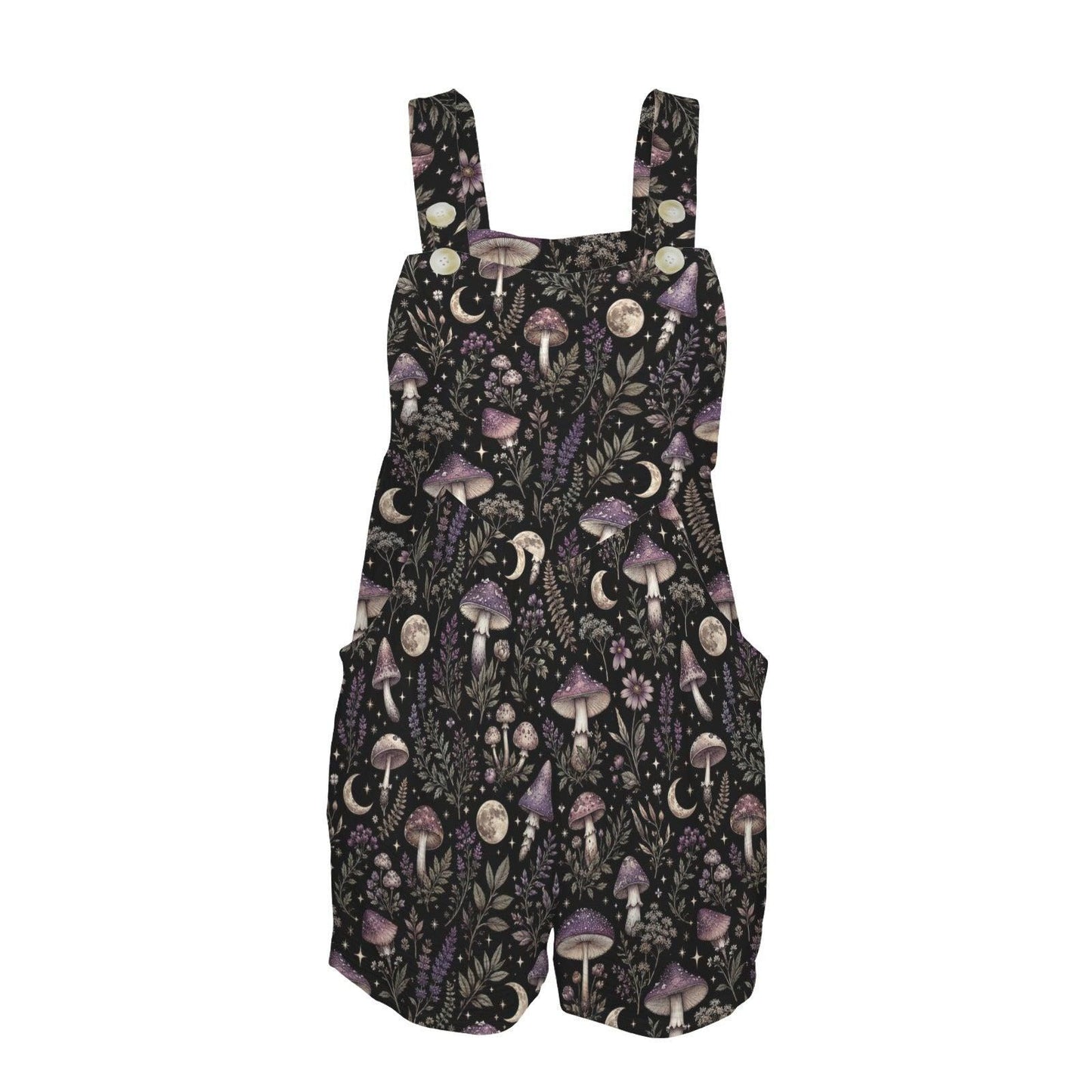 Black Mushroom and Moon Print Overall Romper with Front Pockets