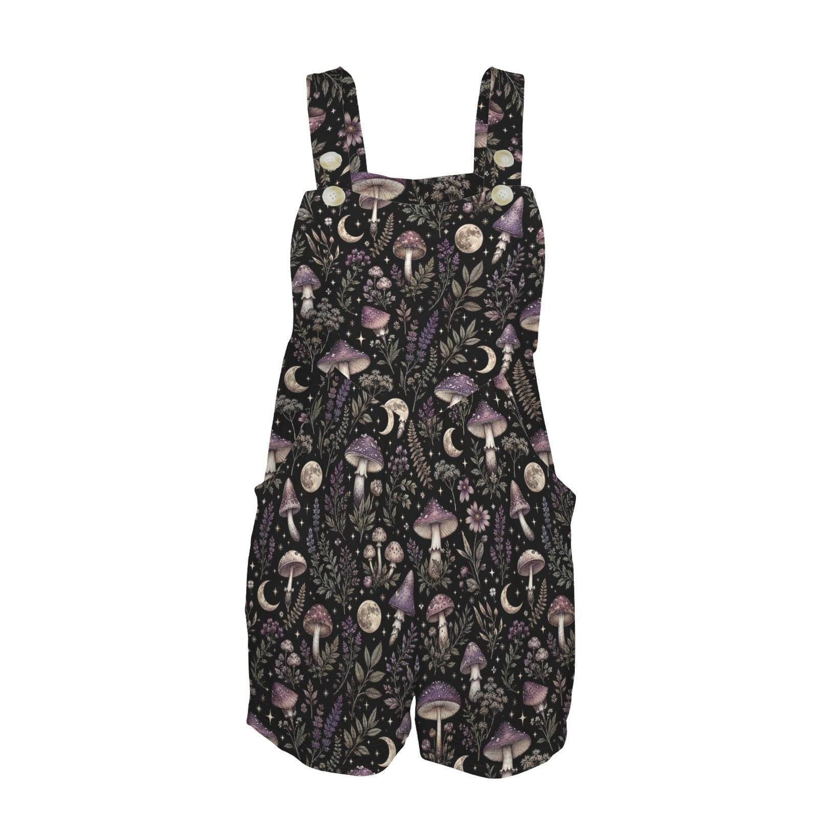 Black Mushroom and Moon Print Overall Romper with Front Pockets