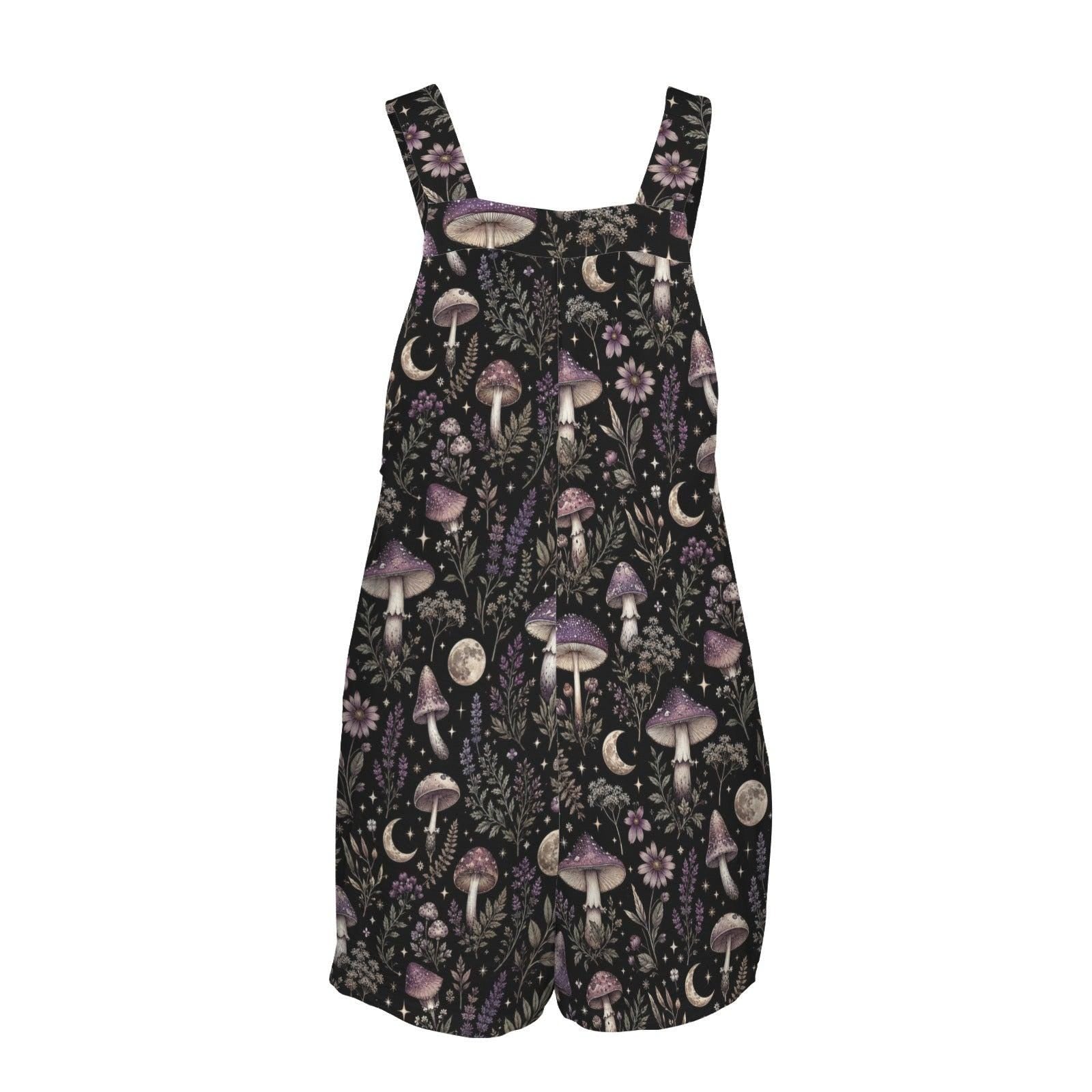 Black Mushroom and Moon Print Overall Romper with Front Pockets
