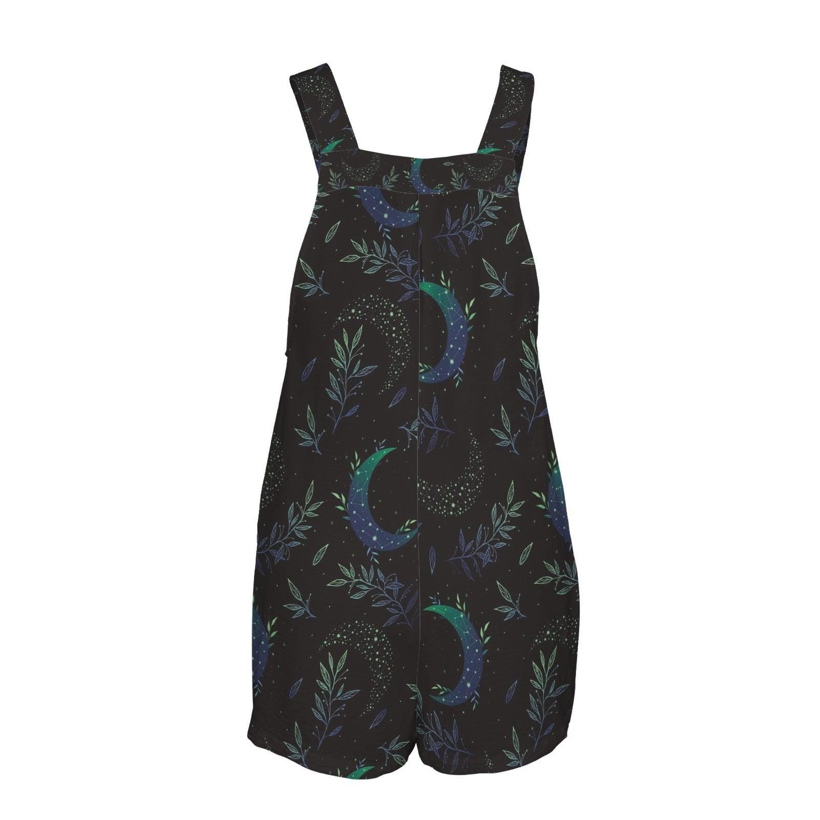 Celestial Botanical Moon Overall Shorts with Pockets, Witchy Summer Shortalls