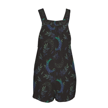 Celestial Botanical Moon Overall Shorts with Pockets, Witchy Summer Shortalls
