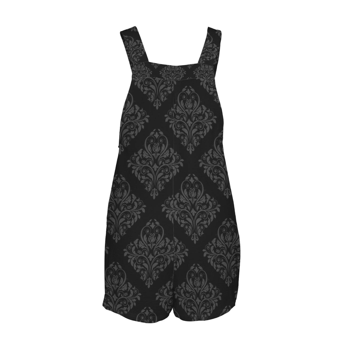 Black Gothic Damask Overall Romper, Whimsigoth Sleeveless Shorts Bib