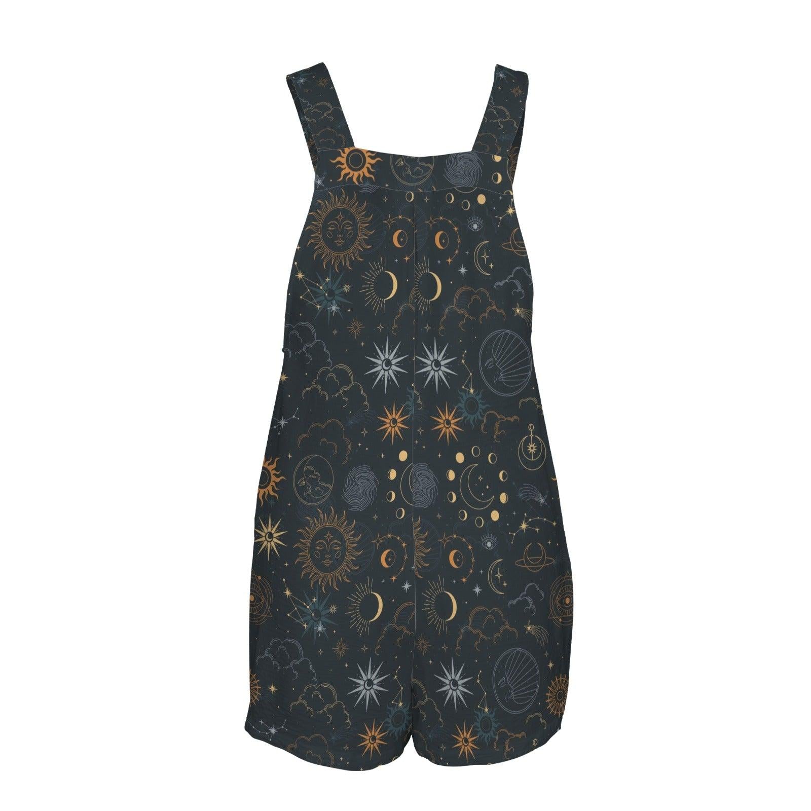 Celestial Sun Moon Star Shortalls, Black Night Sky Playsuit, Summer Witchy Style